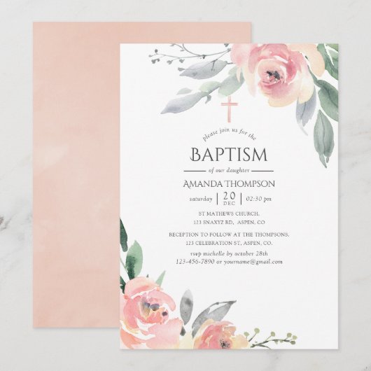 Pastel Roze Bloemige Doop Kaart (Voorkant / Achterkant)