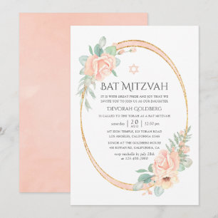 Pastel Roze Bloemige Geometrische Bat Mitzvah Kaart