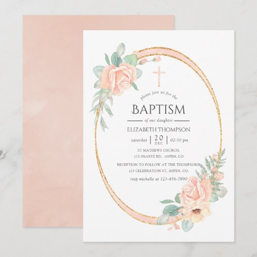 Pastel Roze Bloemige Geometrische Doop Kaart (Voorkant / Achterkant)