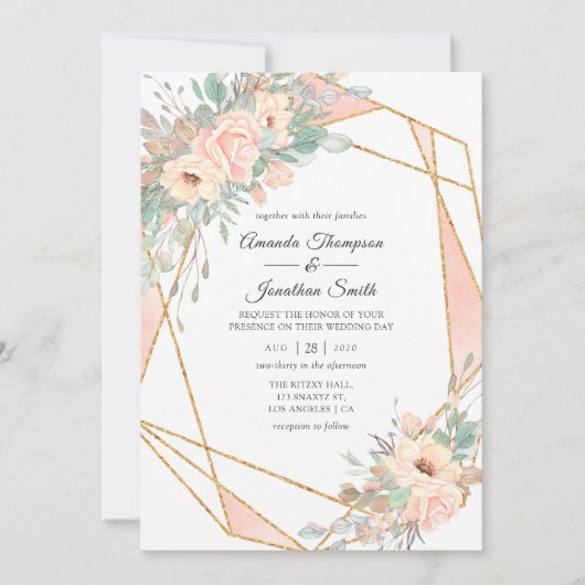 Pastel Roze Bloemige Geometrische Trouw Kaart (Voorkant)