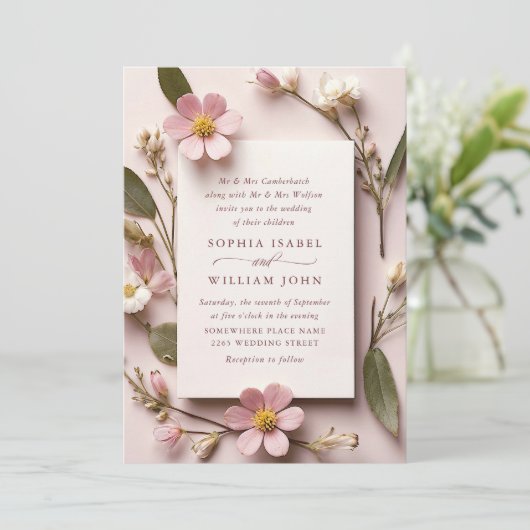 Pastel Roze Blush Boheemse Wildflowers Wedding Kaart (Staand voorkant)