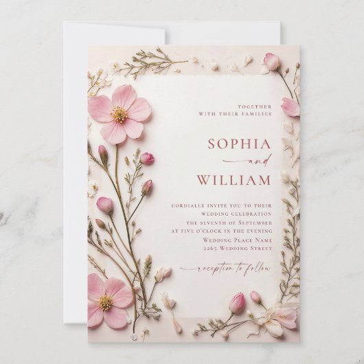 Pastel Roze Blush Boho Wildflowers Wedding Kaart (Voorkant)