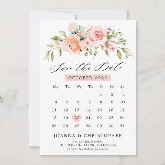 Pastel Roze Blush Roos Bloemen Botanische Kalender Save The Date (Voorkant)