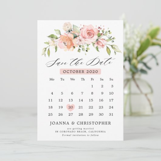 Pastel Roze Blush Roos Bloemen Botanische Kalender Save The Date (Staand voorkant)