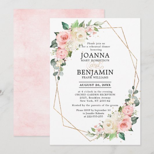 Pastel Roze Blush Roos Floral repetitie Dinner Kaart (Voorkant / Achterkant)