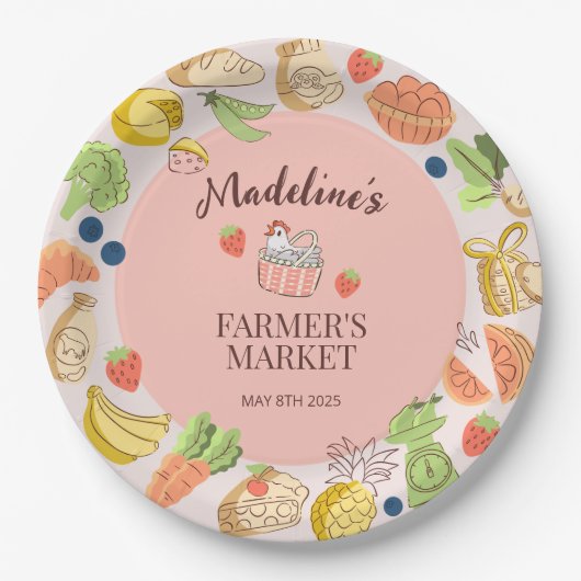 Pastel Roze Boerenmarkt Groenten en Fruit Papieren Bordje (Voorkant)