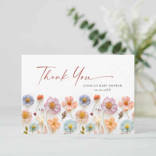 Pastel Roze Boheemse Wildflower Baby shower Bedankkaart (Staand voorkant)