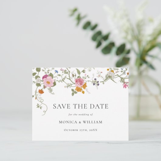 Pastel Roze Boho Floral Wildflower Bewaar de datum Briefkaart (Staand voorkant)