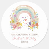 Pastel Roze Boho Regenboog Bloemen 1e Verjaardag Ronde Sticker