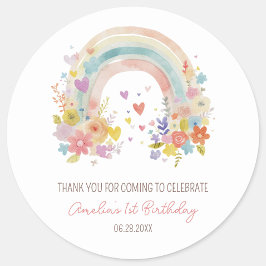 Pastel Roze Boho Regenboog Bloemen 1e Verjaardag Ronde Sticker
