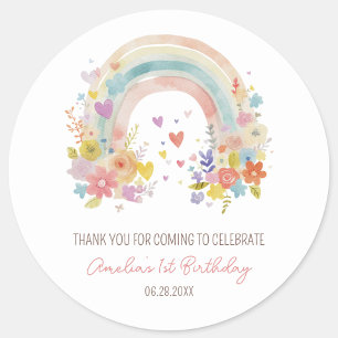 Pastel Roze Boho Regenboog Bloemen 1e Verjaardag Ronde Sticker