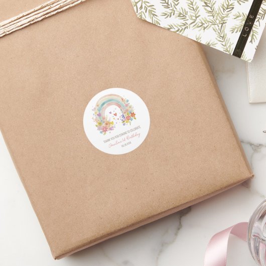 Pastel Roze Boho Regenboog Bloemen 1e Verjaardag Ronde Sticker