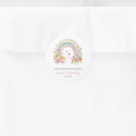 Pastel Roze Boho Regenboog Bloemen 1e Verjaardag Ronde Sticker