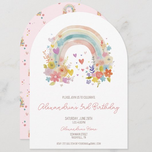 Pastel Roze Boho Regenboog Bloemen 3e verjaardag Kaart