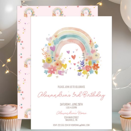 Pastel Roze Boho Regenboog Bloemen 3e verjaardag Kaart