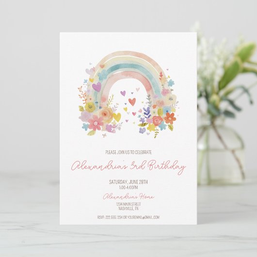 Pastel Roze Boho Regenboog Bloemen 3e verjaardag Kaart