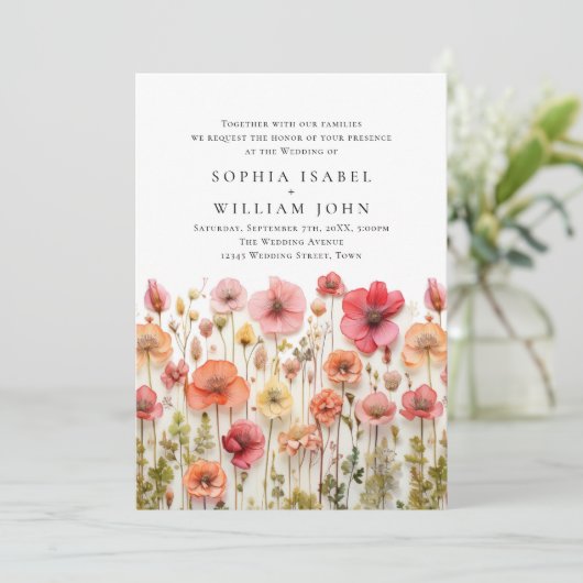 Pastel Roze Boho Wild Flowers Bruiloft uitnodiging (Staand voorkant)