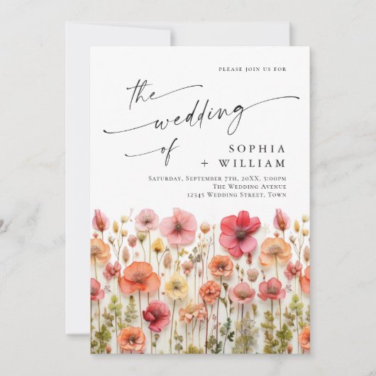 Pastel Roze Boho Wildbloemen Bruiloft QR-code Foto Kaart (Voorkant)