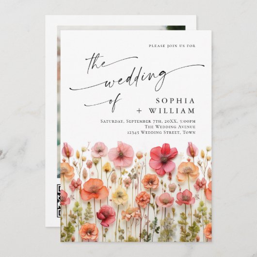 Pastel Roze Boho Wildbloemen Bruiloft QR-code Foto Kaart (Voorkant / Achterkant)