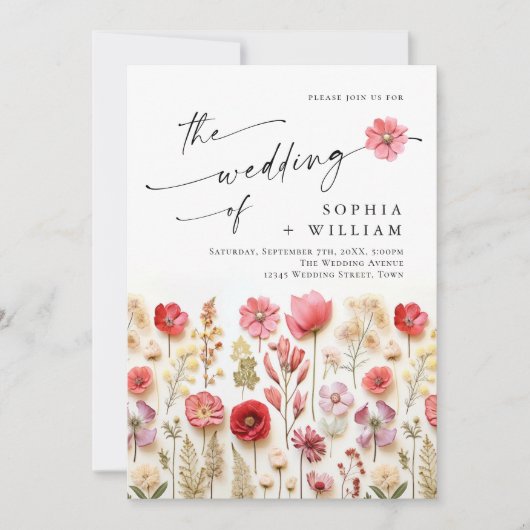 Pastel Roze Boho Wildbloemen Bruiloft QR-code Foto Kaart (Voorkant)