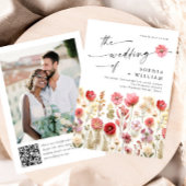 Pastel Roze Boho Wildbloemen Bruiloft QR-code Foto Kaart