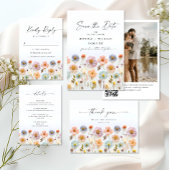 Pastel Roze Boho Wildbloemen Bruiloft QR-code Foto Kaart