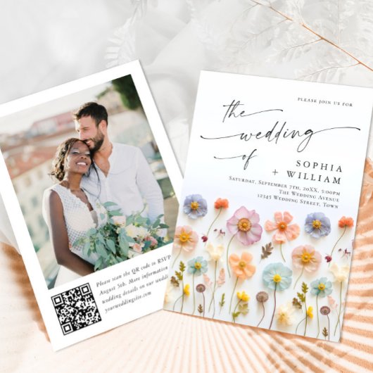 Pastel Roze Boho Wildbloemen Bruiloft QR-code Foto Kaart