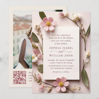 Pastel Roze Boho Wildbloemen Bruiloft QR-code Foto Kaart