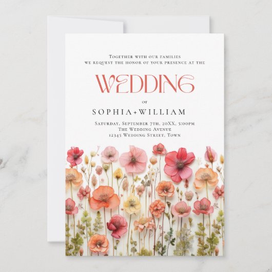 Pastel Roze Boho Wildbloemen Bruiloft QR-code Foto Kaart (Voorkant)