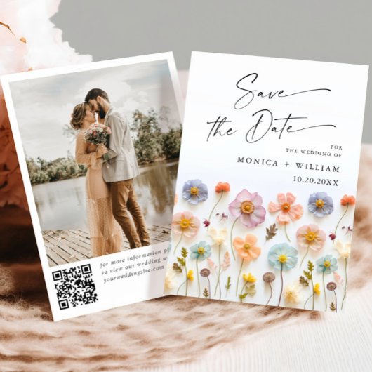 Pastel Roze Boho Wildbloemen Bruiloft QR-code Foto Save The Date