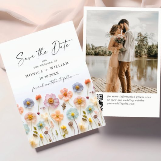 Pastel Roze Boho Wildbloemen Bruiloft QR-code Foto Save The Date