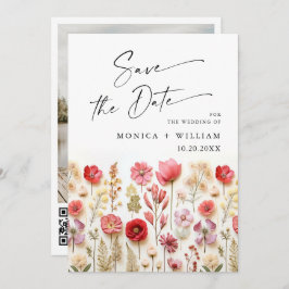 Pastel Roze Boho Wildbloemen Bruiloft QR-code Foto Save The Date