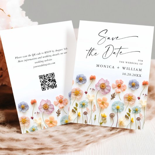 Pastel Roze Boho Wilde Bloemen Huwelijk QR code Save The Date