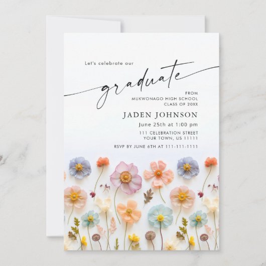 Pastel Roze Boho Wildflower Afstudeerfeest Foto Kaart (Voorkant)