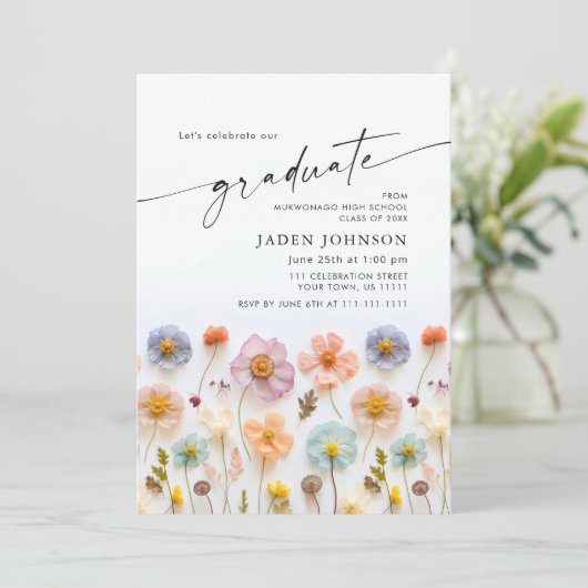 Pastel Roze Boho Wildflower Afstudeerfeest Foto Kaart (Staand voorkant)