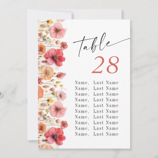 Pastel Roze Boho Wildflower Trouwtafel Nummer Kaart (Voorkant)