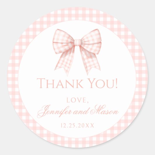 Pastel roze boog gingham baby shower dank u ronde sticker (Voorkant)