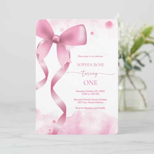 Pastel Roze Bow Baby Meisje 1e Verjaardag Esthetis Kaart (Staand voorkant)