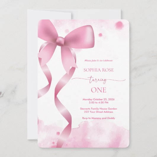 Pastel Roze Bow Baby Meisje 1e Verjaardag Esthetis Kaart (Voorkant)