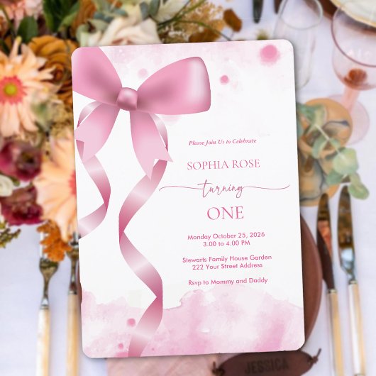 Pastel Roze Bow Baby Meisje 1e Verjaardag Esthetis Kaart