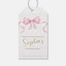 Pastel Roze Bow & Elegant Gouden Script Verjaardag Cadeaulabel