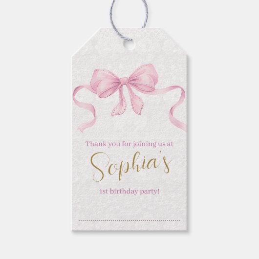 Pastel Roze Bow & Elegant Gouden Script Verjaardag Cadeaulabel (Voorkant)