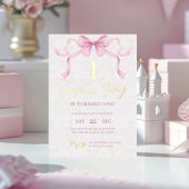 Pastel Roze Bow & Elegant Gouden Script Verjaardag Folie Uitnodiging