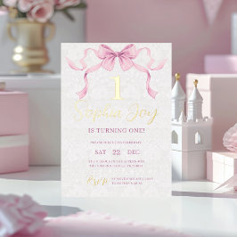 Pastel Roze Bow & Elegant Gouden Script Verjaardag Folie Uitnodiging