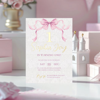 Pastel Roze Bow & Elegant Gouden Script Verjaardag Folie Uitnodiging