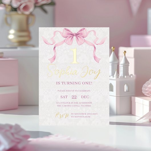 Pastel Roze Bow & Elegant Gouden Script Verjaardag Folie Uitnodiging