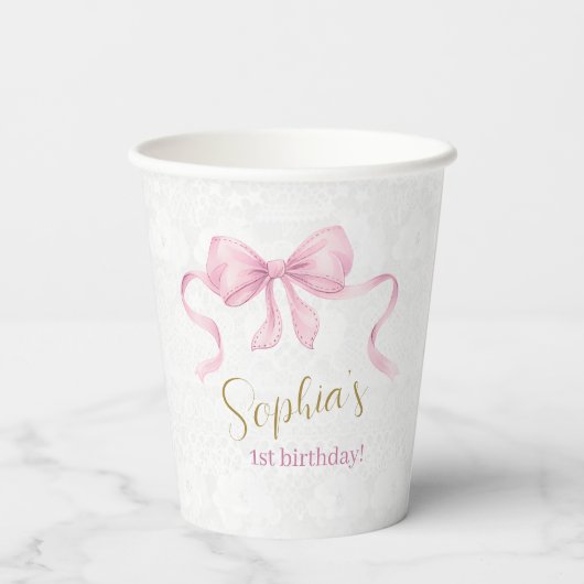 Pastel Roze Bow & Elegant Gouden Script Verjaardag Papieren Bekers (Achterkant)