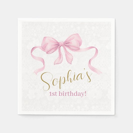 Pastel Roze Bow & Elegant Gouden Script Verjaardag Servet (Voorkant)