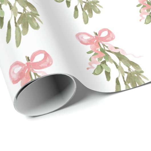 Pastel Roze Bow op kerstmis Mistletoe Gift Cadeaupapier (Rol Hoek)