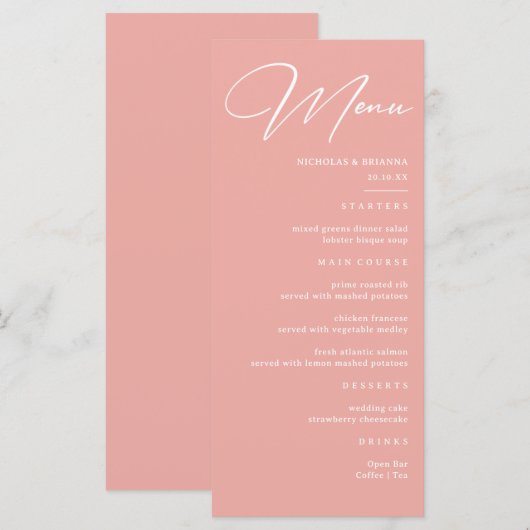 Pastel Roze Bruiloft Menu (Voorkant / Achterkant)